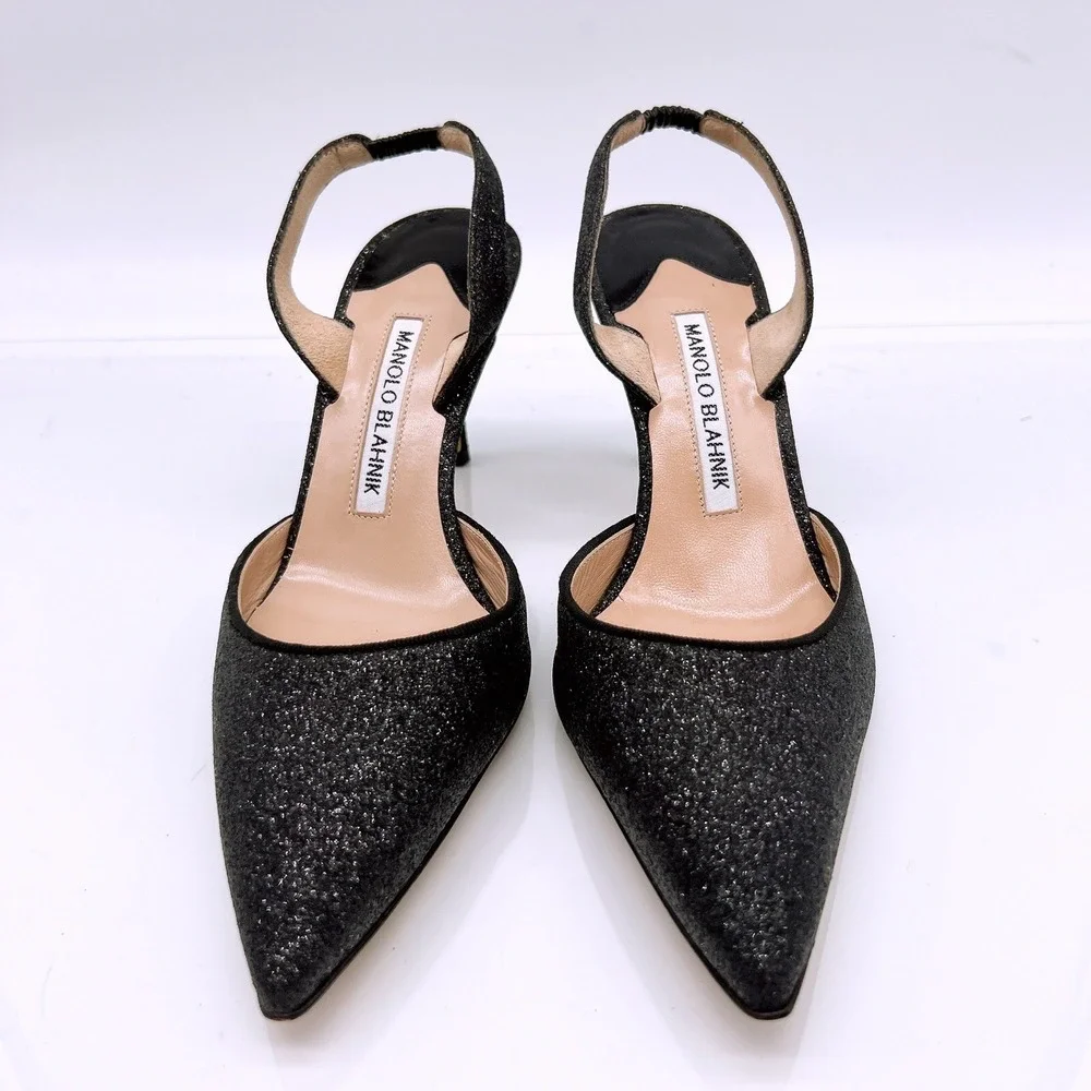 Manolo Blahnik Carolyne Low Heel Women's Slingback Pumps Black Glitter EU 36.5